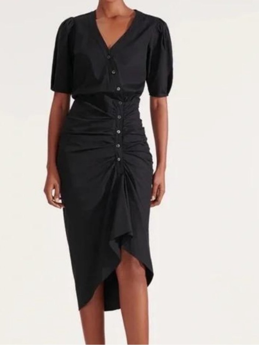 Veronica Beard Atia Cotton Poplin Ruched Stretch Button Front Black Dress Sz 12 - Picture 4 of 15